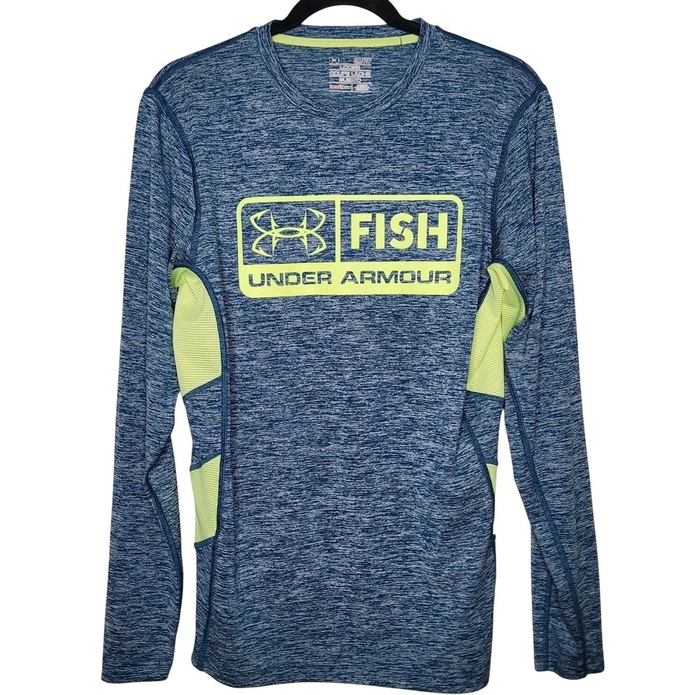 Under Armour Fishing Long Sleeve Heat Gear Shirt Blue/Green Mens Sz Small Vented